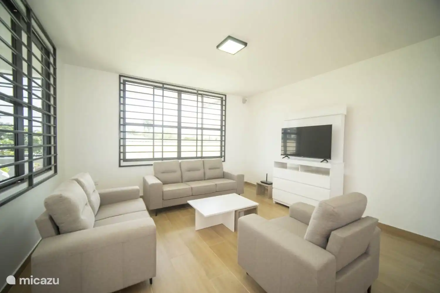 Spacious living room with sofa and a smart TV