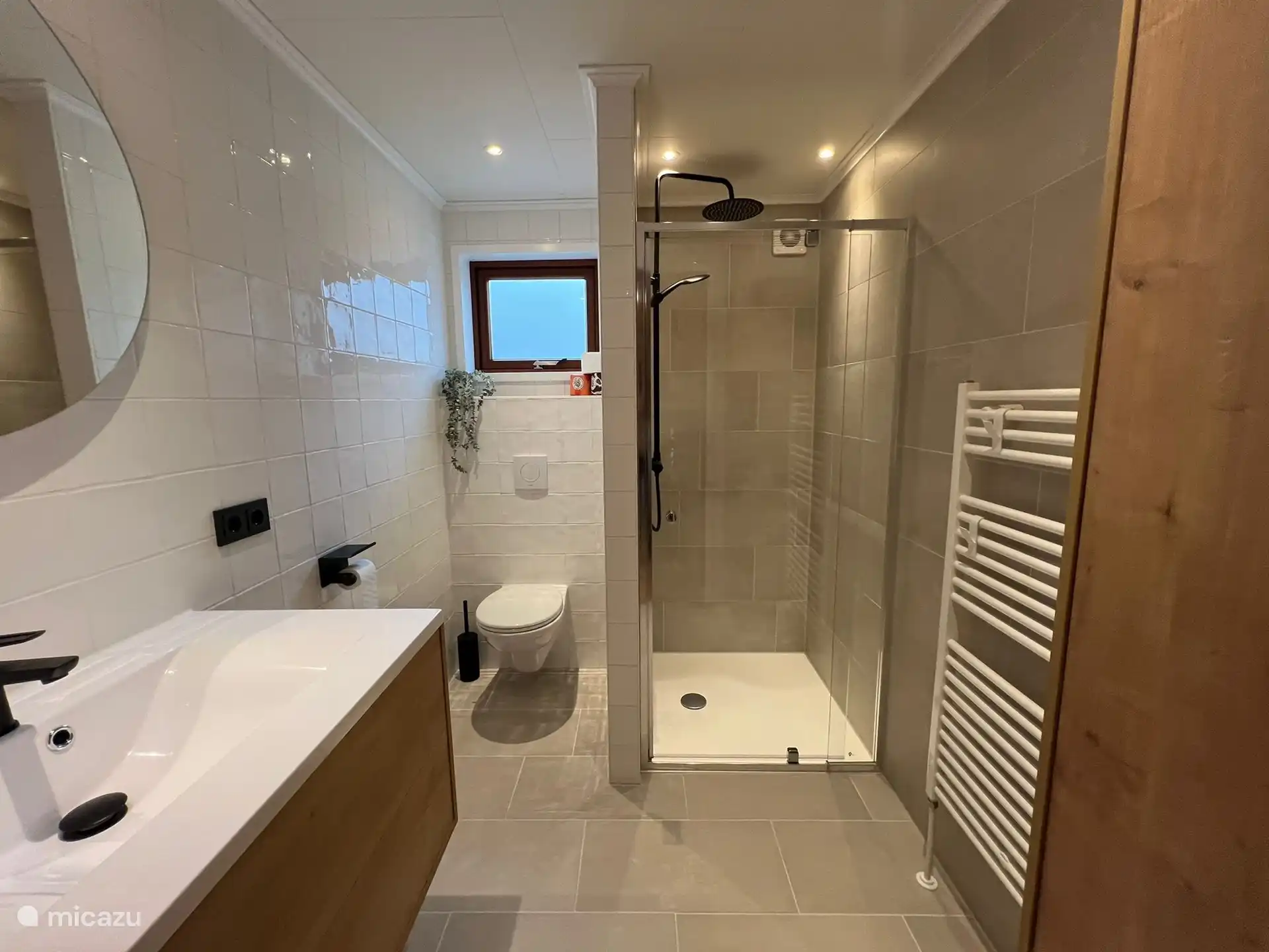 Modernes Badezimmer mit Toilette, Regendusche und Handbrause