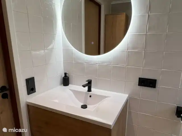 Wandelen, Nederland, Gelderland, Ermelo, chalet Boshuisje Hans & Klaartje Verlichte spiegel en modern badmeubel