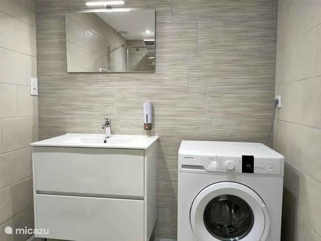 Badezimmer: Spiegel, Waschbecken, Waschmaschine.