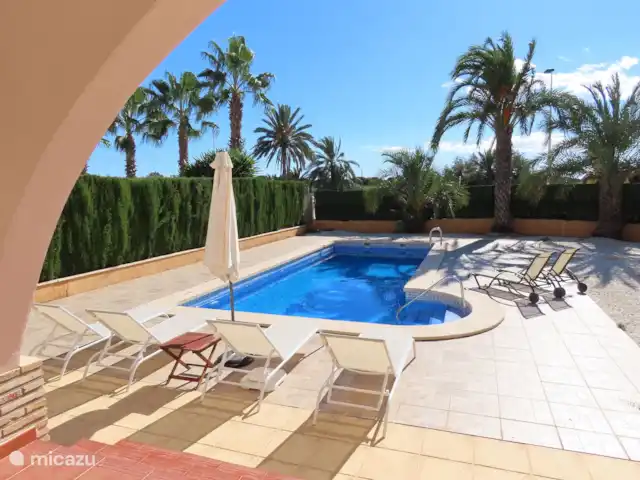 Villa sur la Plage El Pinet  | Espagne, Costa Blanca, La Marina del Pinet - villa Grande piscine privée avec de nombreuses chaises longues
