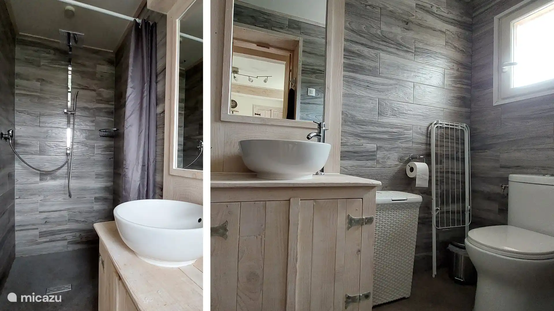 Badezimmer mit Dusche, Waschbecken, Schrank und Toilette