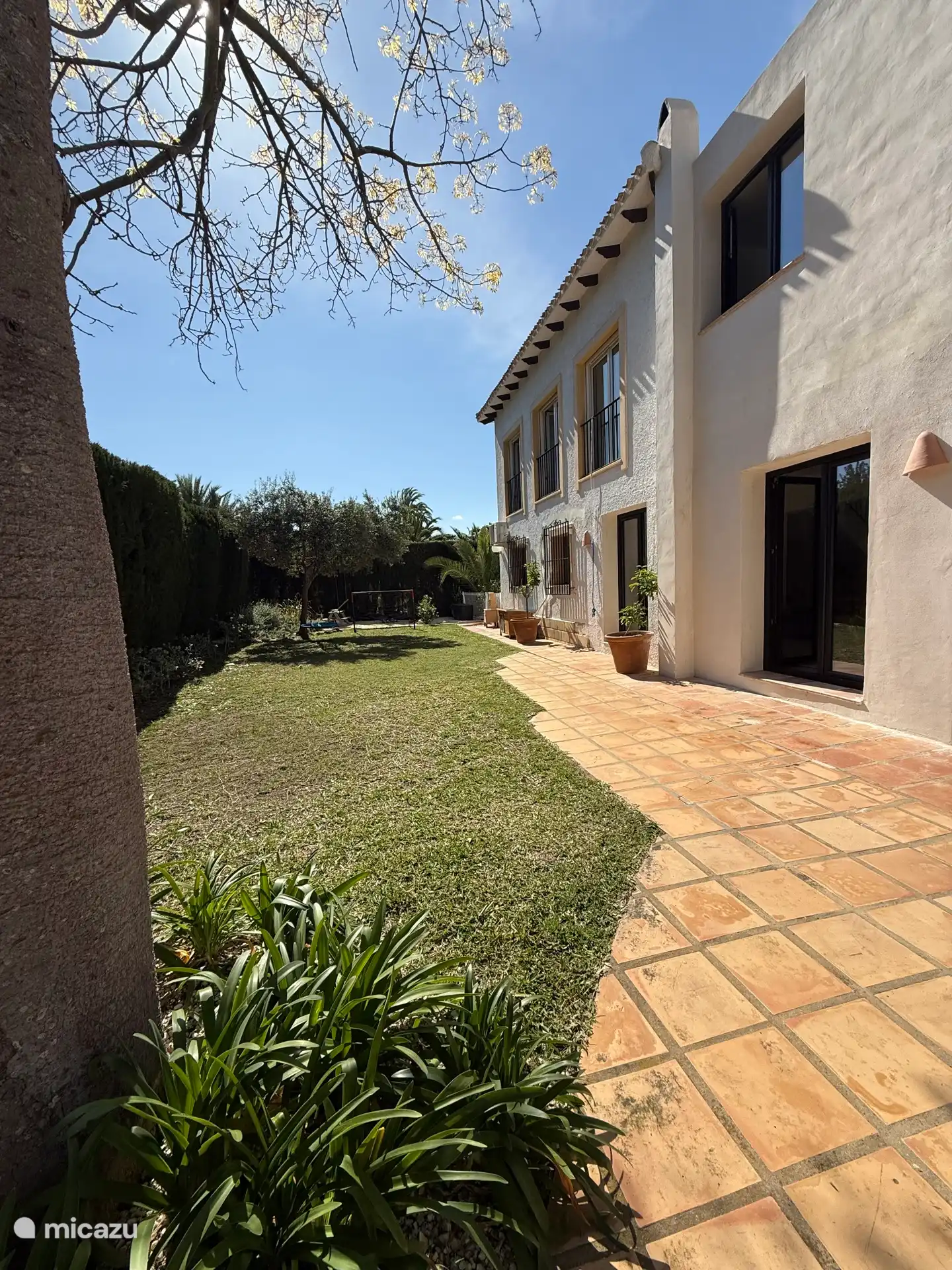 Garten mit Bäumen, Rasen und Sand für Kinder. 