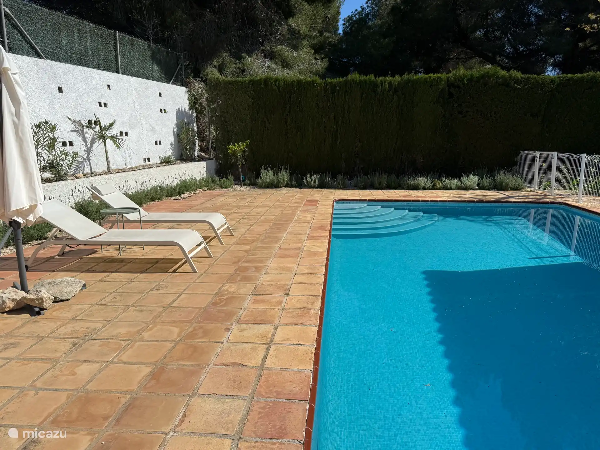 Poolbereich, komplett eingezäunt, neben Garten, überdachte Terrasse und Grillplatz. Größe des Pools 10 x 5 m. 