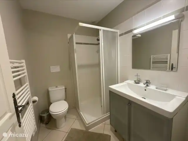 Location de Vacances France, Charente, Chalais (Charente), villa - Le Charme Salle de bain commune avec douche, WC et lavabo, sèche-serviettes