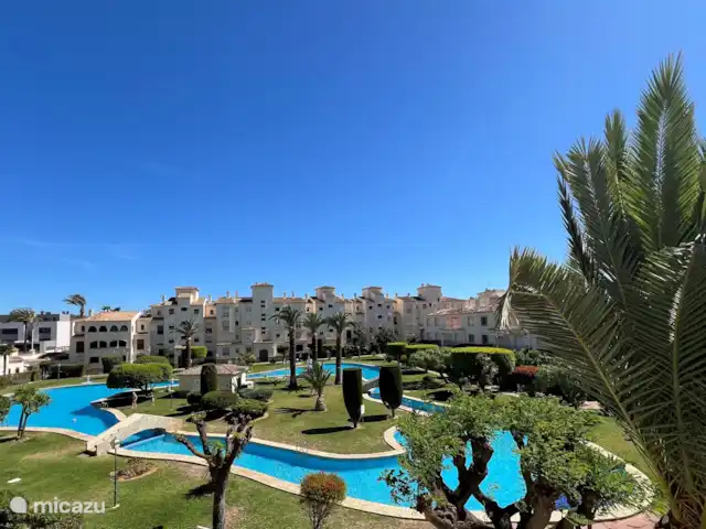 Location de Vacances Espagne, Costa Blanca, Jávea, appartement - Mira La Isla Une vue magnifique sur le jardin communal le plus grand et le plus vert avec la plus grande piscine de Jávea, où vous pourrez nager autour de l'île. Trouvez un bel endroit sous un palmier sur l'île ou dans le jardin.