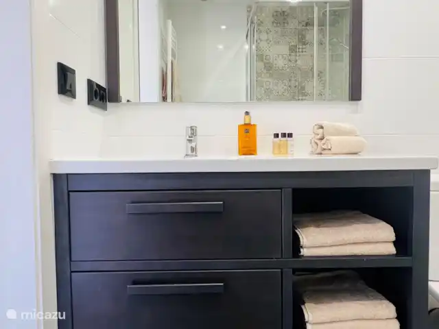 Location de Vacances Espagne, Costa Blanca, Jávea, appartement - Mira La Isla La salle de bain 1, avec lavabo, toilettes et douche, est attenante à la chambre 1.