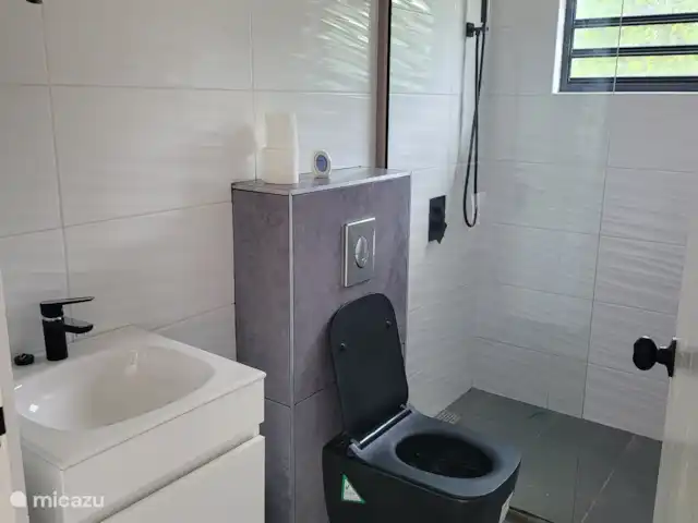 vakantiehuis huren in Curaçao, Banda Ariba (oost), Mambo Beach – Casa di Mambo Badkamer met douche, wastafel met spiegel en toilet