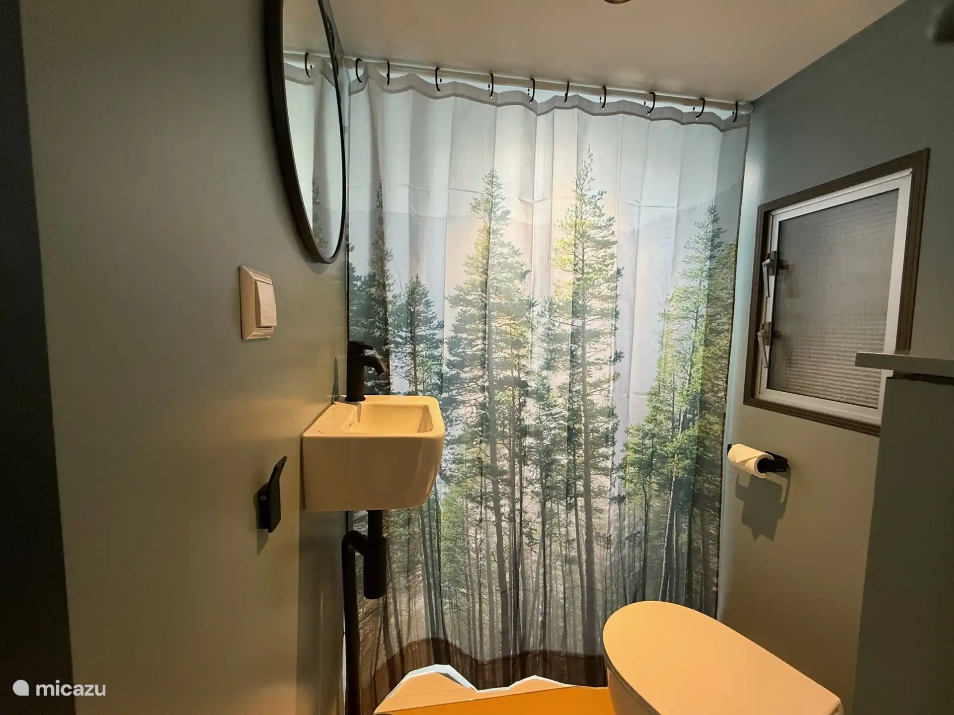 Cuarto de baño con inodoro, ducha de lluvia y fuente