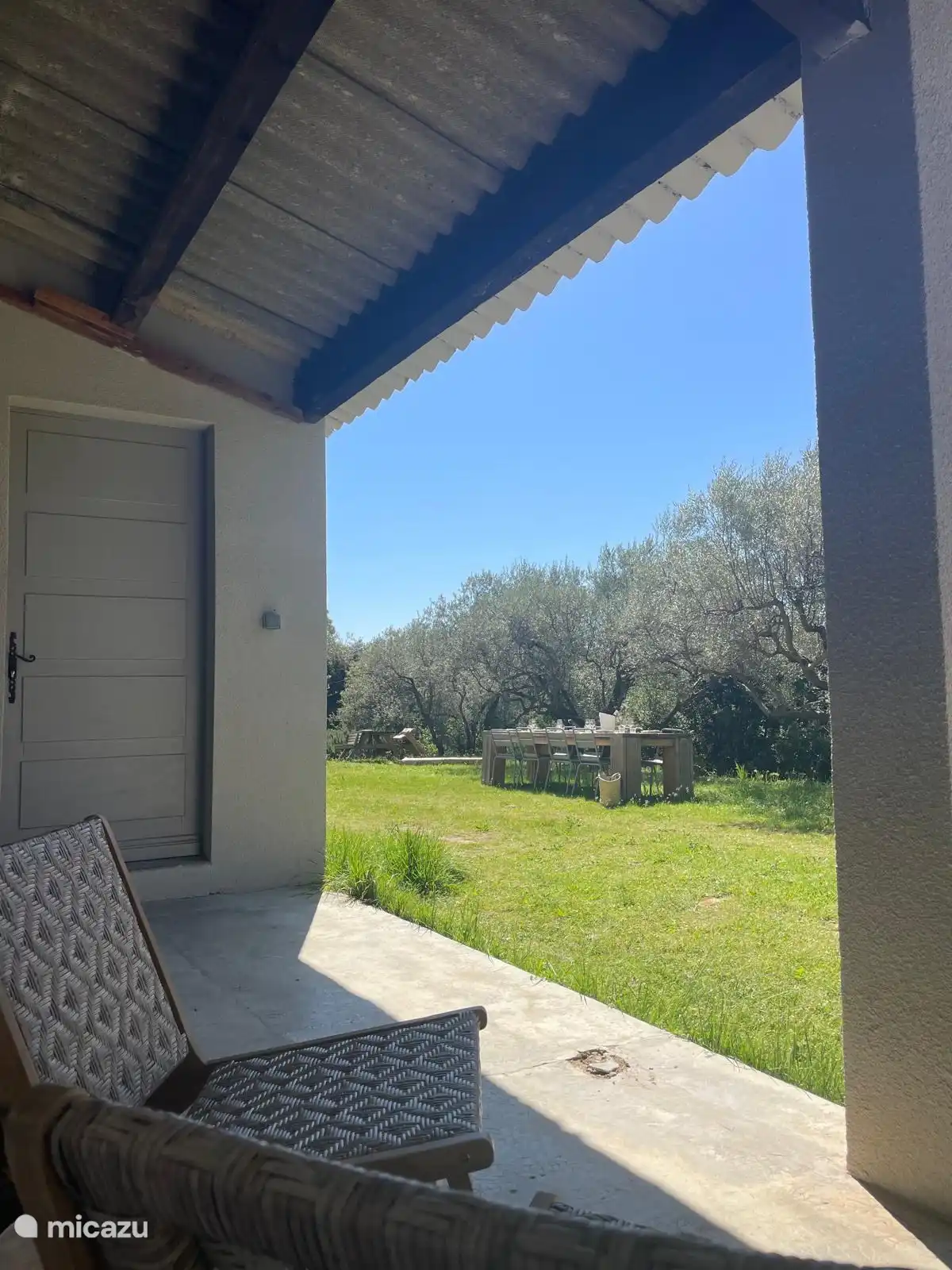 Blick auf den üppigen Garten mit seinen Olivenbäumen