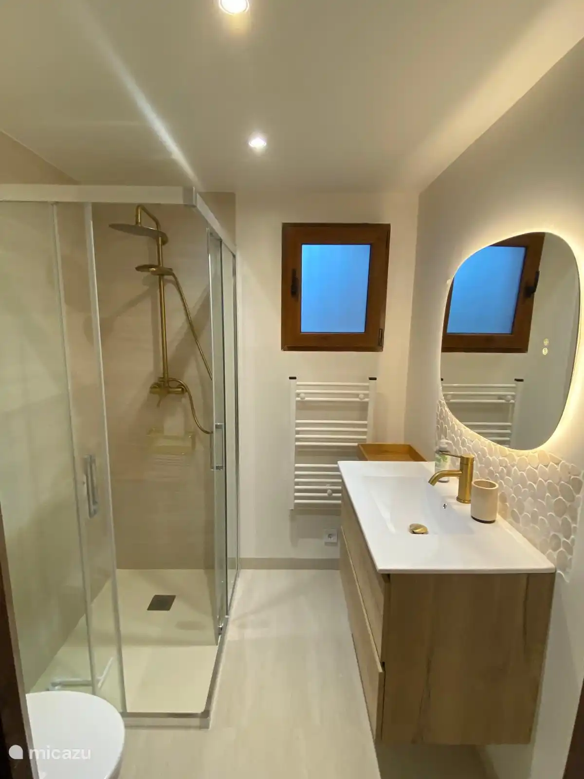 One of the bathrooms downstairs, recently renovated. The LED mirror can also be heated.