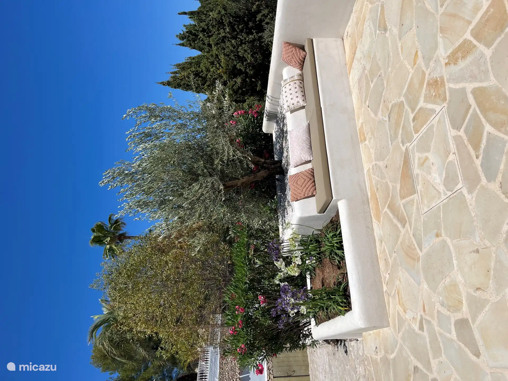 En el banco de estuco se puede disfrutar de la vista entre las flores y las plantas.
Las nuevas jardineras están llenas de un viejo olivo y flores y plantas que ondean con la brisa.