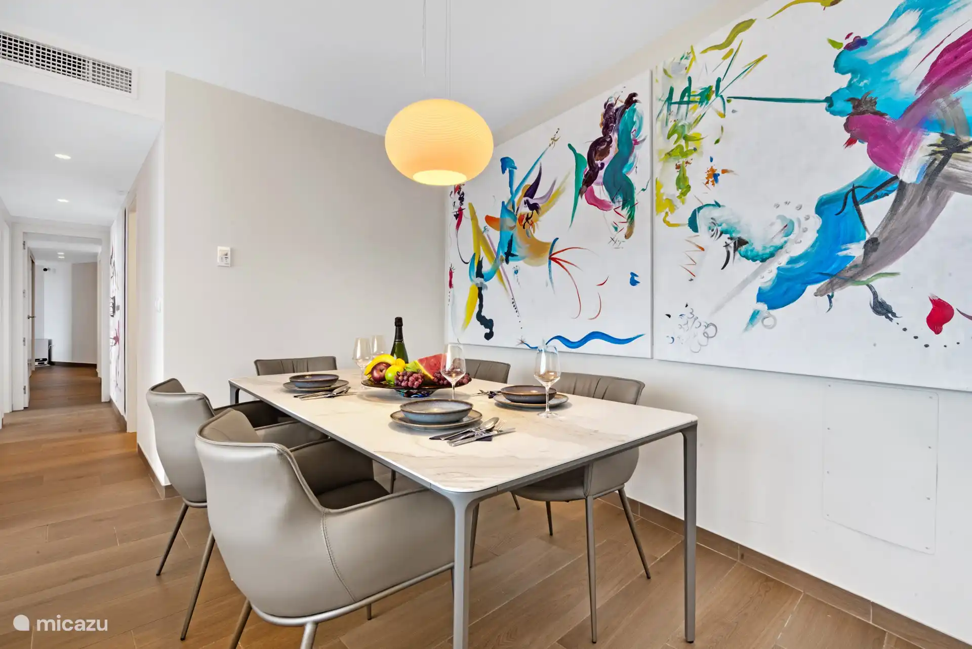 From the living room you look into the hallway where the bedrooms and bathrooms are.