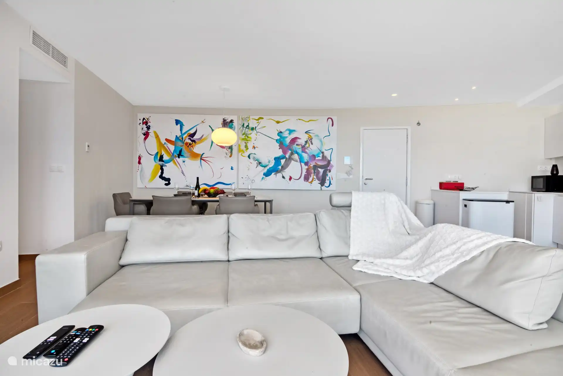 Kitchen with all appliances, Nespresso machine, oven, microwave, 4 burner electric stove.