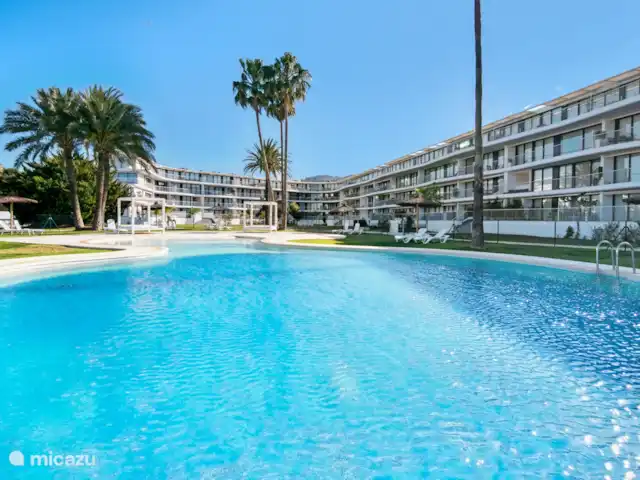 Denia Beach Penthouse huren in Spanje, Costa Blanca, Dénia - penthouse Het afgesloten complex beschikt over een heerlijk zwembad, zowel voor volwassenen als een kinderdeel. Ook zijn er douches bij het zwembad en rondom het zwembad zijn heerlijke ligstoelen en schaduwplekken.