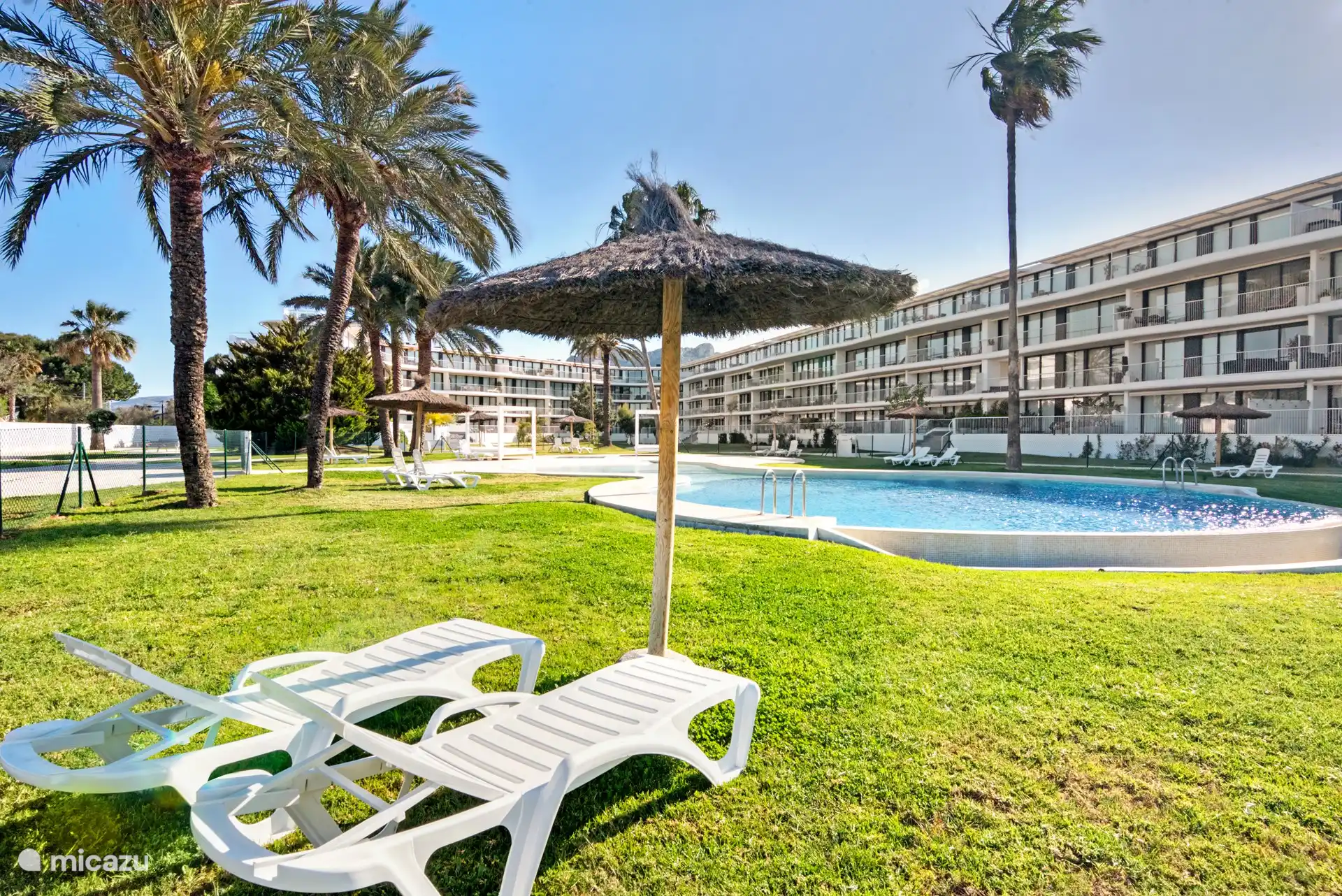 There are sunbeds and shaded areas in the garden.