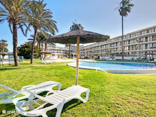 Denia Beach Penthouse huren in Spanje, Costa Blanca, Dénia - penthouse in de tuin zijn ligbedden voorzien en schaduwplekken.