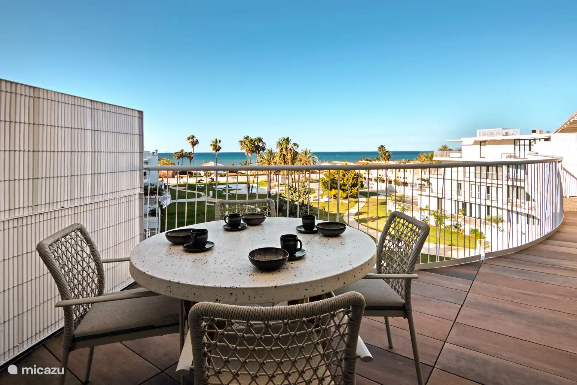 This is the photo from the terrace dining table. As you can see, there is a nice privacy screen between the neighbors and you can have a delicious breakfast, lunch or dinner from the terrace.