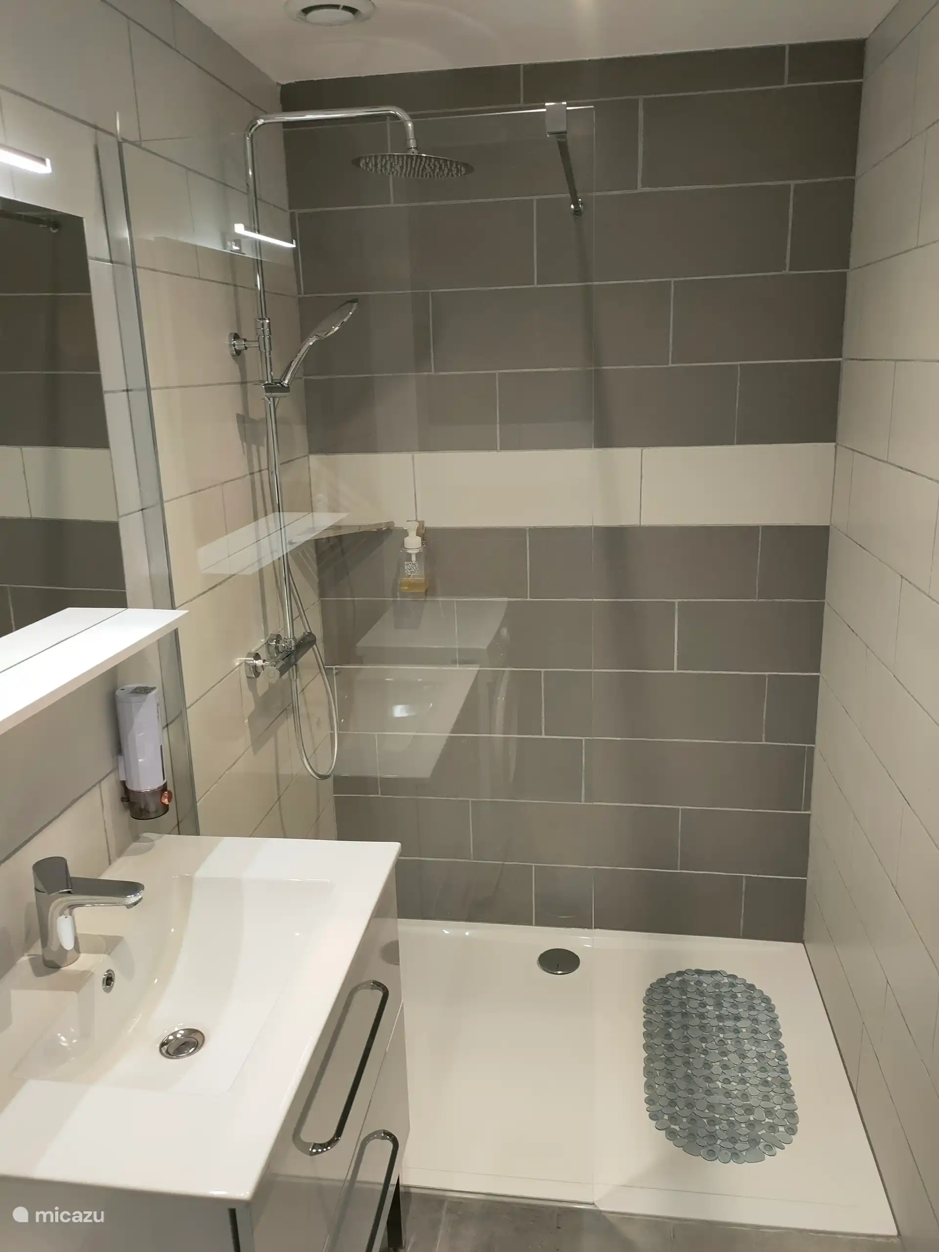 Badkamer: Italiaanse douche, wastafel, spiegel.