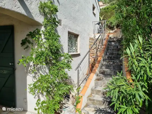 kathrin en Francia, Costa Azul, Les Issambres - bungaló Desde la puerta se baja, pasando por las flores en verano, por las escaleras hasta la planta baja de la casa, donde también se encuentra la entrada.