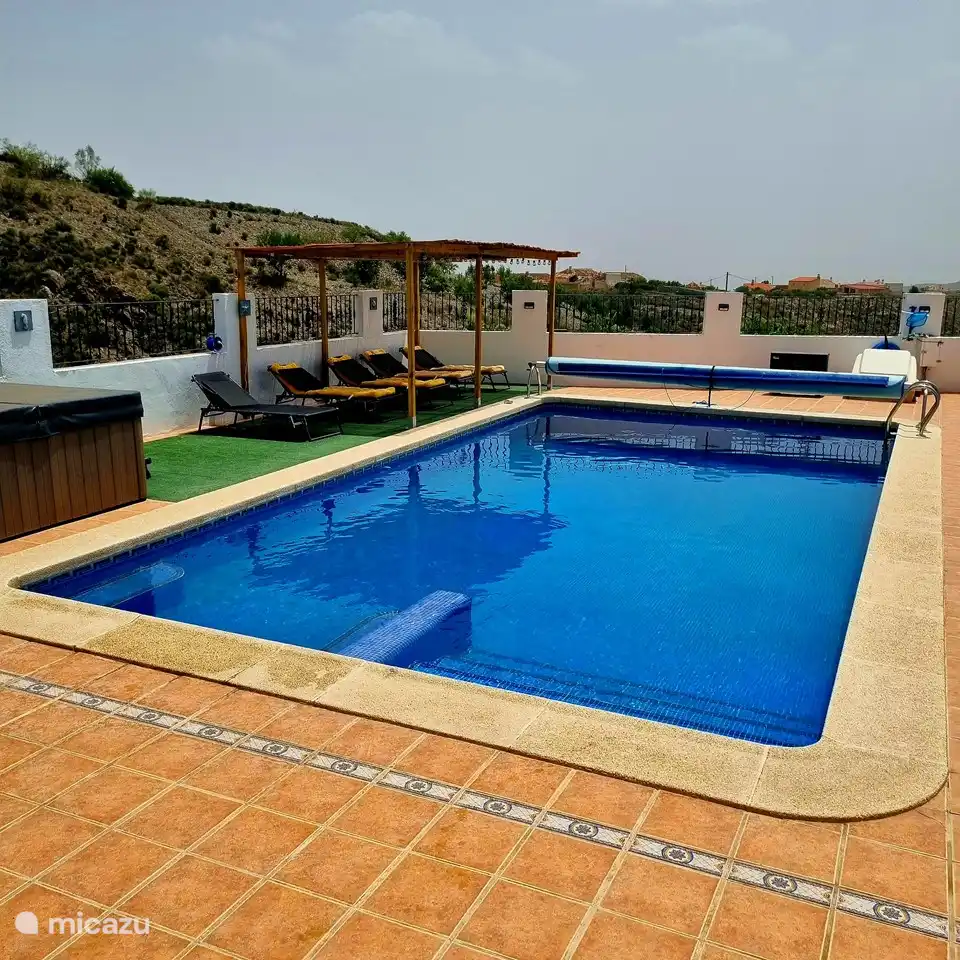 swimming pool with patio and sunbeds