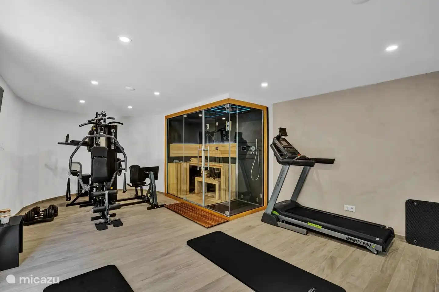 Gimnasio equipado con sauna seca y ducha spa.