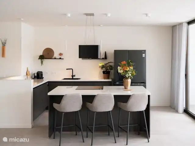 Location de Vacances Curaçao, Curaçao-Centre, Willemstad, appartement - L’appartement de luxe The Wharf MT Cuisine de luxe avec îlot avec tabourets de bar confortables pour dîner ensemble confortablement. La cuisine est équipée d’un four/micro-ondes, d’une plaque à induction et d’un réfrigérateur américain avec distributeur d’eau/glaçons.