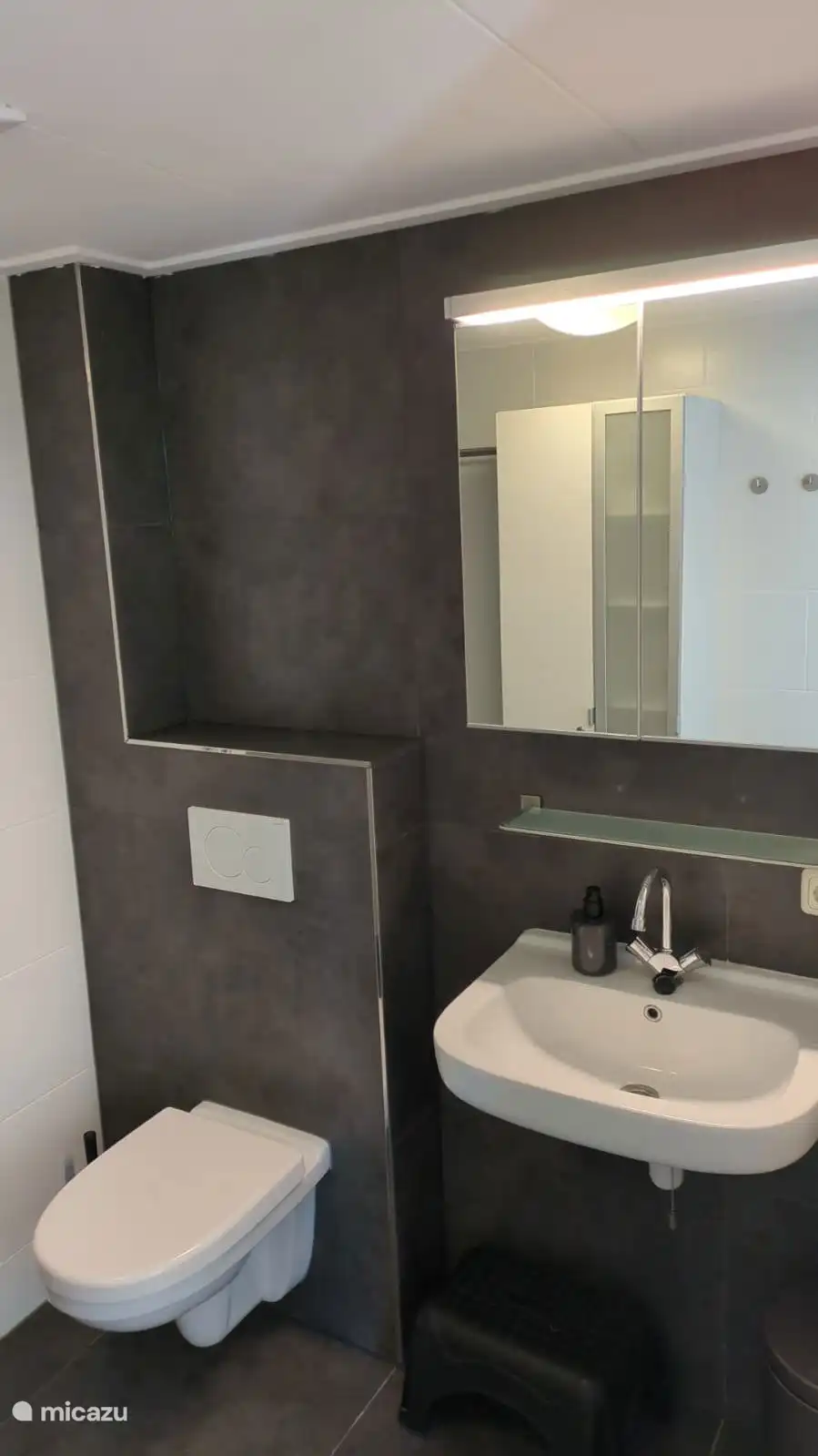 Neben der Behindertentoilette wurde eine Halterung angebracht. Das Waschbecken ist für Rollstuhlfahrer zugänglich.