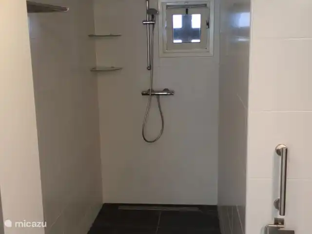 Casa de vacaciones Lagos de Frisia sin palabras en Países Bajos, Frise, Boornzwaag - casa vacacional El amplio cuarto de baño tiene calefacción por suelo radiante. La ducha a ras de suelo tiene 120 cm de ancho. Hay un armario con espejo y un armario para guardar artículos de aseo y toallas.