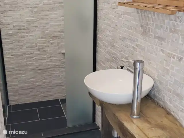 Maison de vacances vue mer | Pays-Bas, Zélande, Flessingue - maison de vacances L'une des 3 salles de bains, le mobilier de 2 salles de bains est en bois flotté échoué sur la côte de Vlissingen et faisant (très) partie d'un navire.
