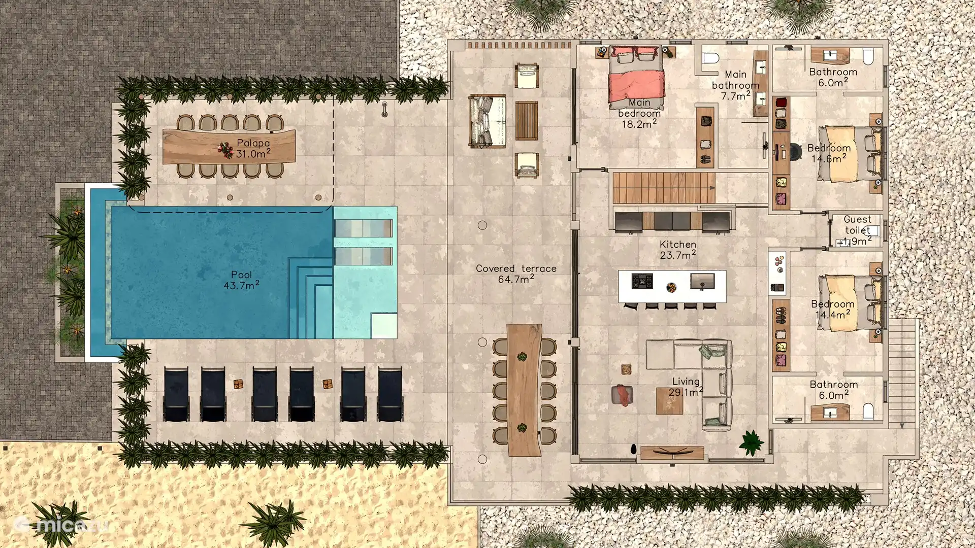Floor plan of the top floor, with swimming pool, 3 bedrooms, 3 bathrooms and living/kitchen. 