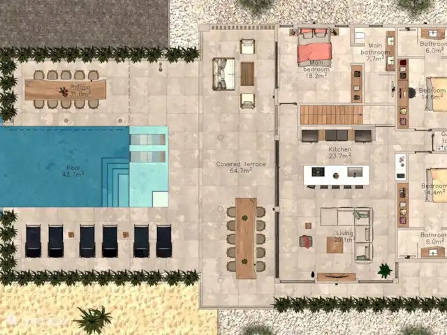 NOUVELLE Villa à Vista Royal 2-16 p. | Curaçao, Banda Ariba (est), Vista Royal - villa Plan du dernier étage, avec piscine, 3 chambres, 3 salles de bains et salon/cuisine.