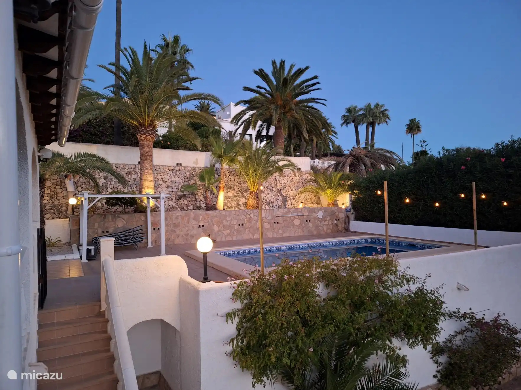 Blick von der Terrasse auf den Pool und die beleuchteten Palmen