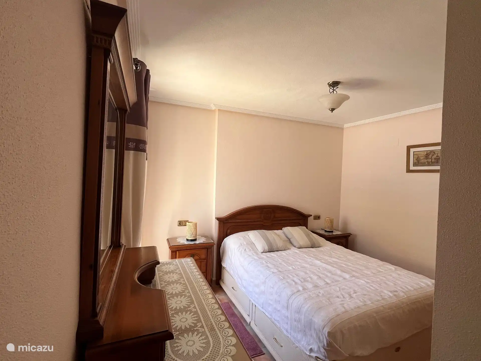 Master bedroom, with ensuite bathroom. Lovely double bed. Dressing table with mirror, large two-door built-in wardrobe. For a wonderful night's sleep.