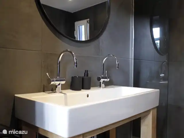 Maison de la Nature Dennenzicht - @Veluwe | Pays-Bas, Gueldre, Wells - chalet Dans la salle de bain luxueuse, vous trouverez un double lavabo.