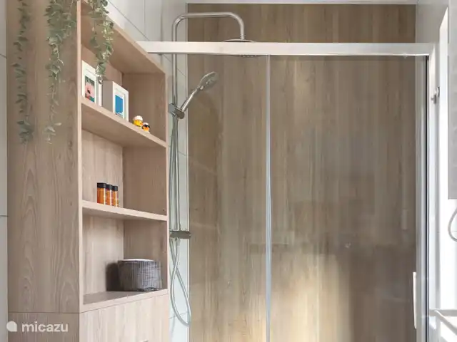 Sralreiger Chalet-lodge avec climatisation | Pays-Bas, Frise, Grouw - chalet Salle de bain avec beaucoup d'espace de rangement et belle douche à effet pluie