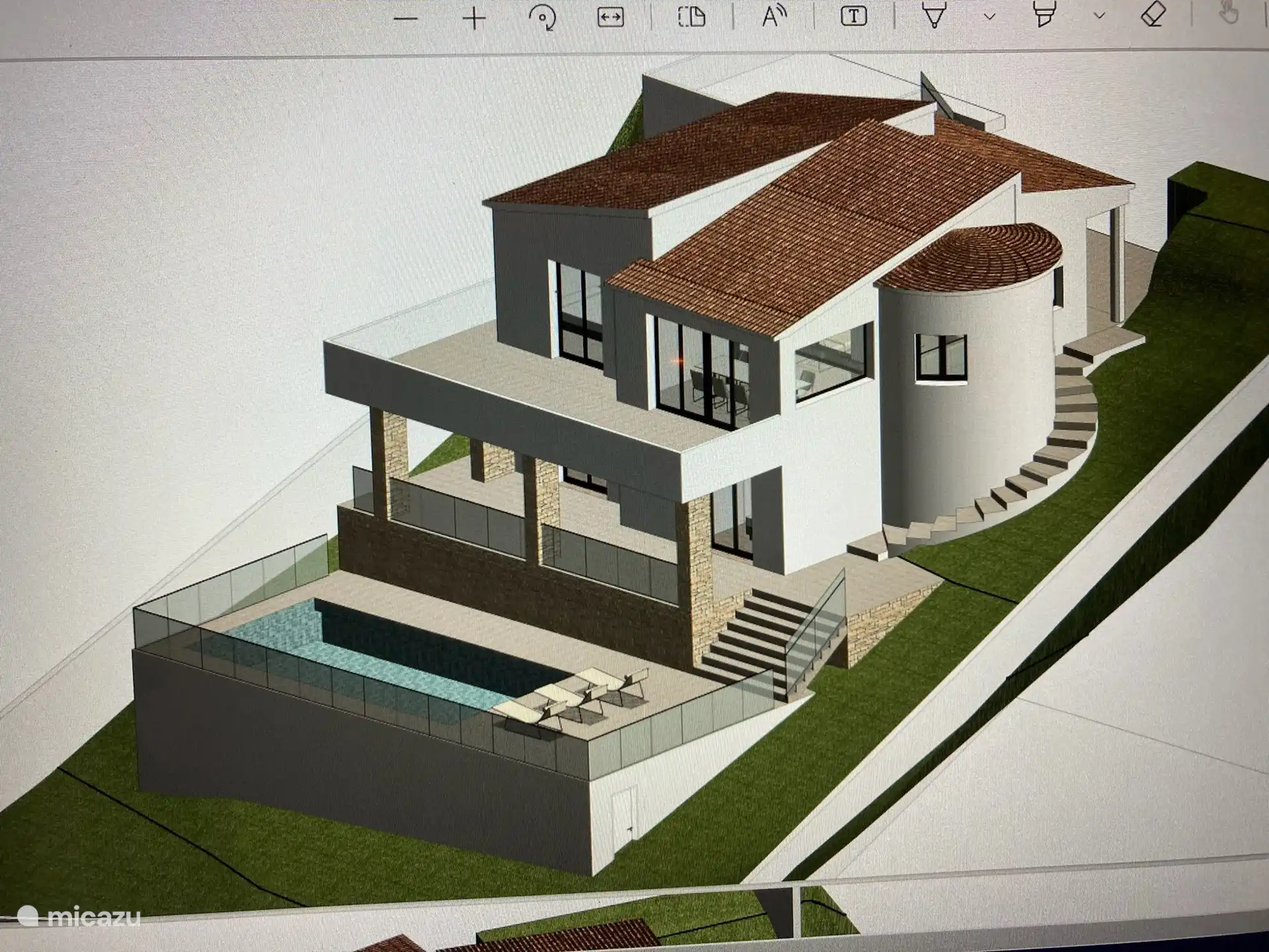 Dies ist die Zeichnung der Renovierung des Hauses. Vom Balkon bis zum Swimmingpool ist gebaut, wodurch das Haus sehr offen und ger&#228;umig mit mehreren Terrassen und einem sch&#246;nen Swimmingpool ist.