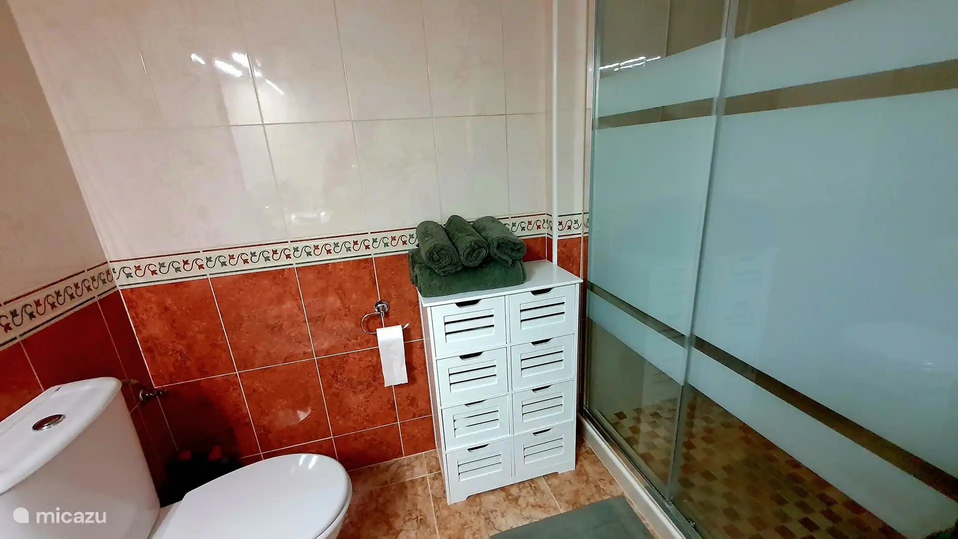 Salle de bain avec beaucoup de grandes et petites serviettes