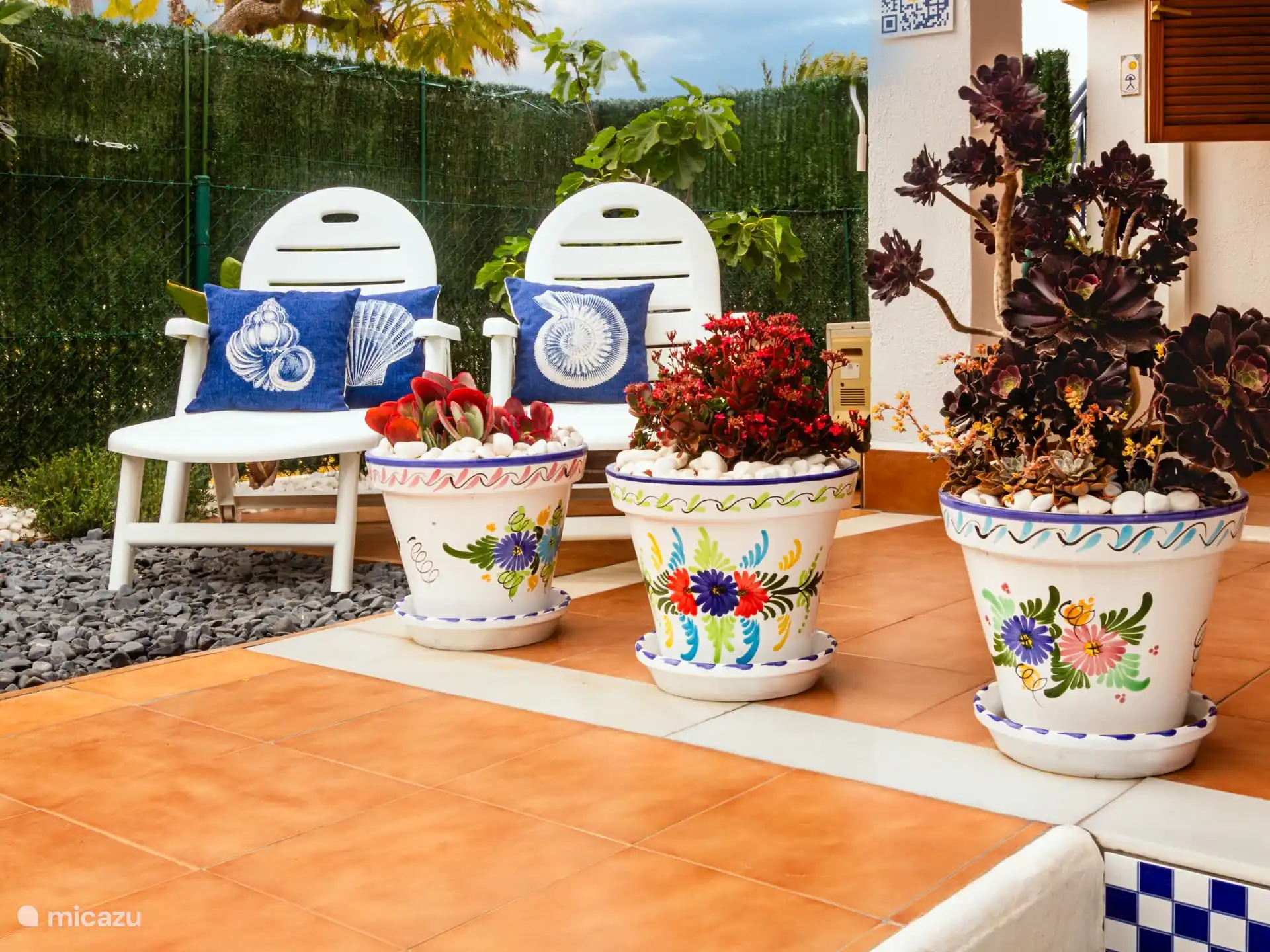 zonnebedden, terras en tuin