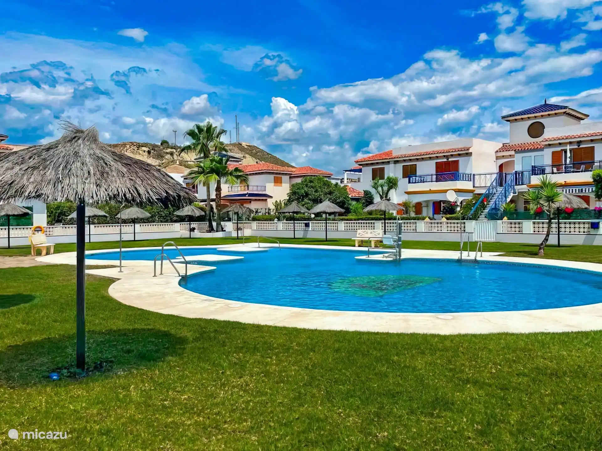 zwembad met zonneweide, parasols en ligbedden