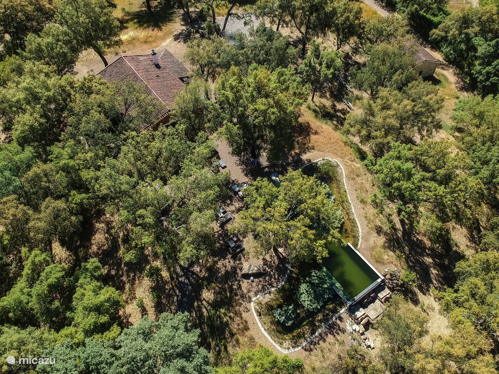 Aerial view of the main house with swimming pool