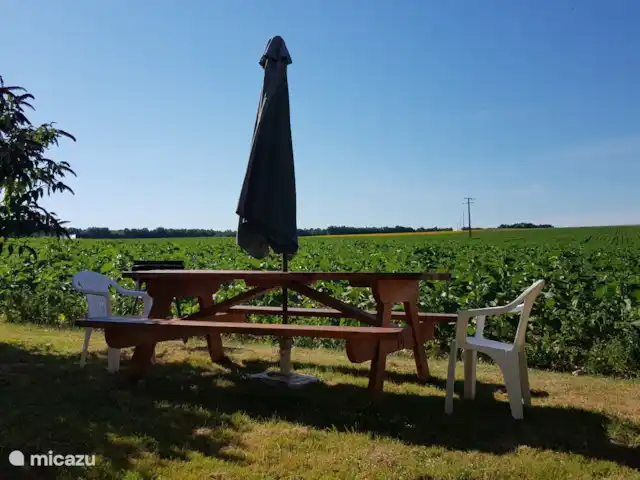 Location de Vacances France, Poitou-Charentes, Journet, gîte / cottage -  'Pêche' - La Grange du Moulin  Jardin arrière avec table de pique-donnant sur les champs