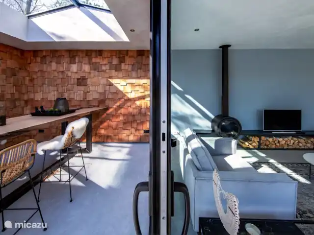Maison forestière en bois | Pays-Bas, Brabant-Septentrional, Oosterhout - maison de vacances Portes coulissantes en verre avec le salon d’un côté et une belle terrasse de l’autre
