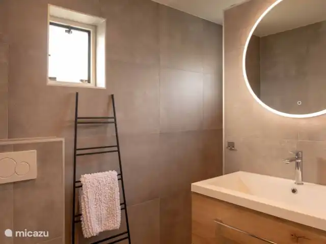 Cabaña en el bosque 38 en Países Bajos, Overijssel, Den Ham - casa vacacional El cuarto de baño en la planta baja, con inodoro.