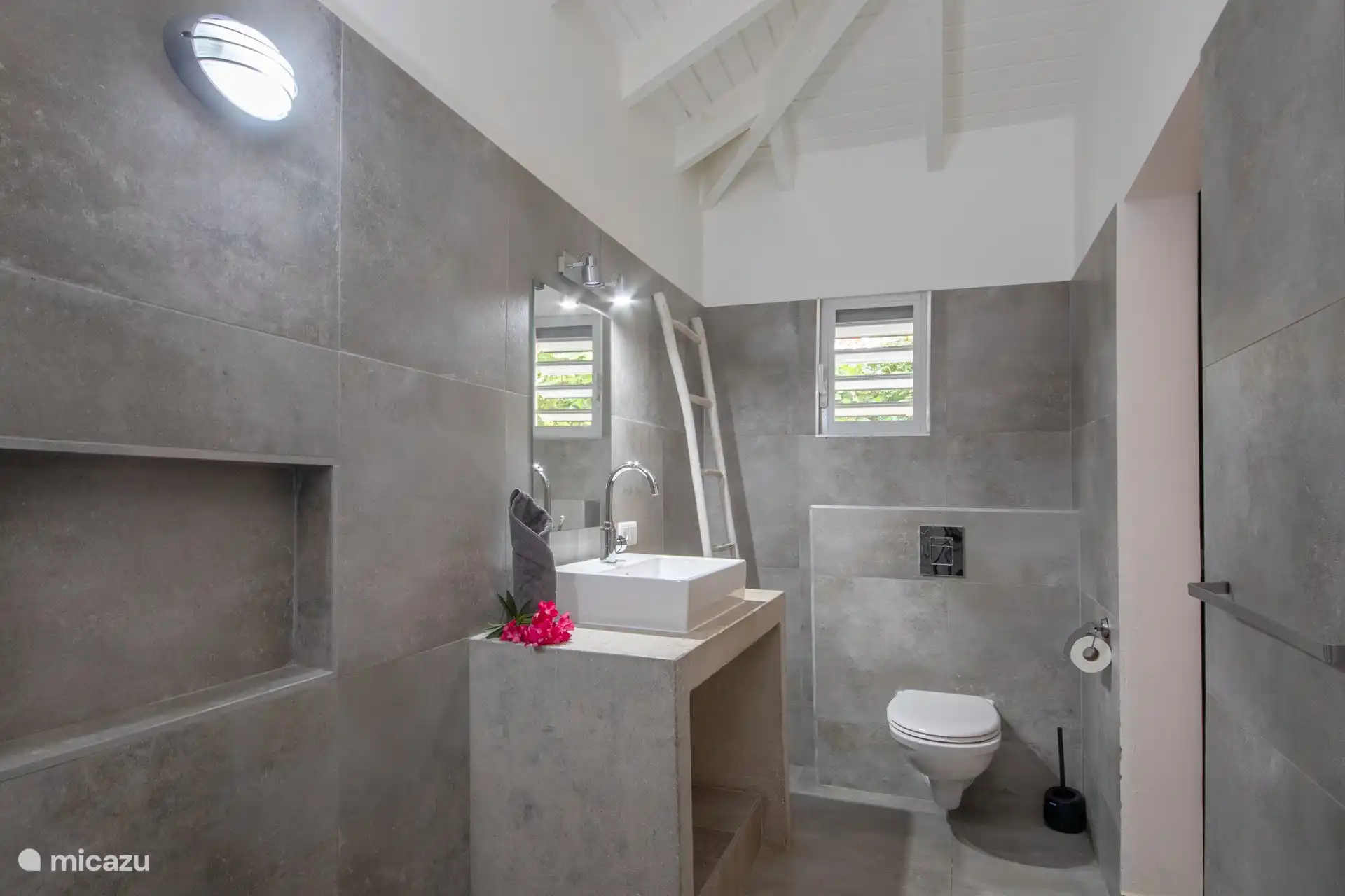 Ruime, luxe badkamer met douche, wastafel en toilet