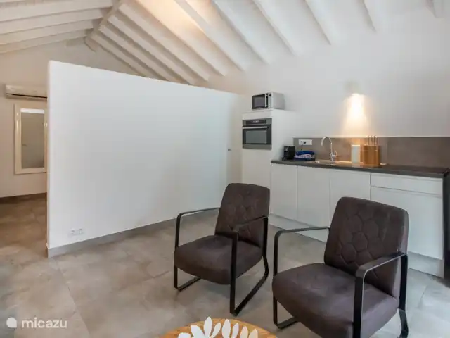 Location de Vacances Curaçao, Banda Ariba (est), Vista Royal, appartement - Appartement Mike Salon et cuisine avec deux fauteuils et TV