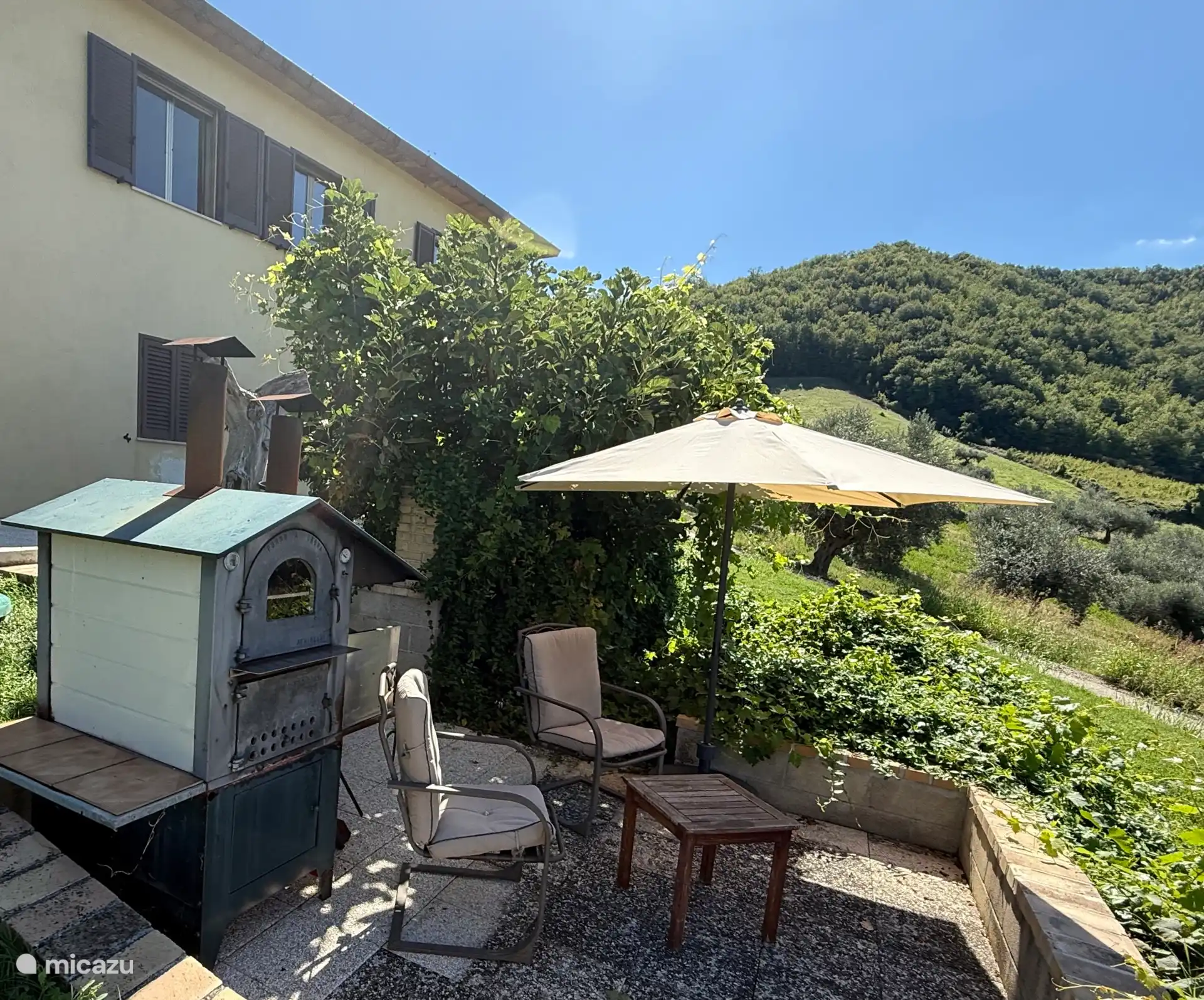 terraza con horno de pizza.