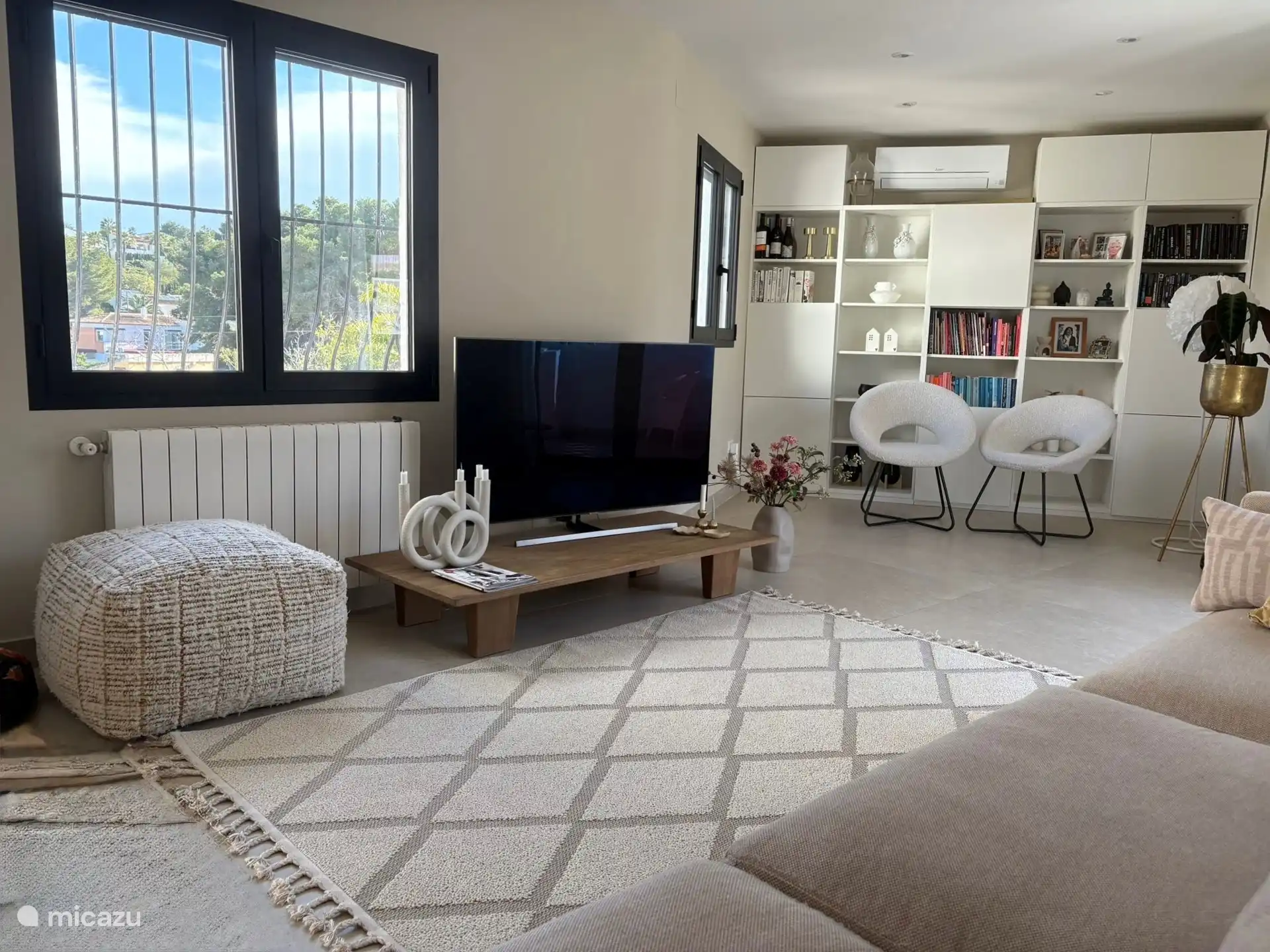 Salón en la planta baja con televisión con Netflix, Videoland y NLziet y muchos libros para leer al aire libre al sol.