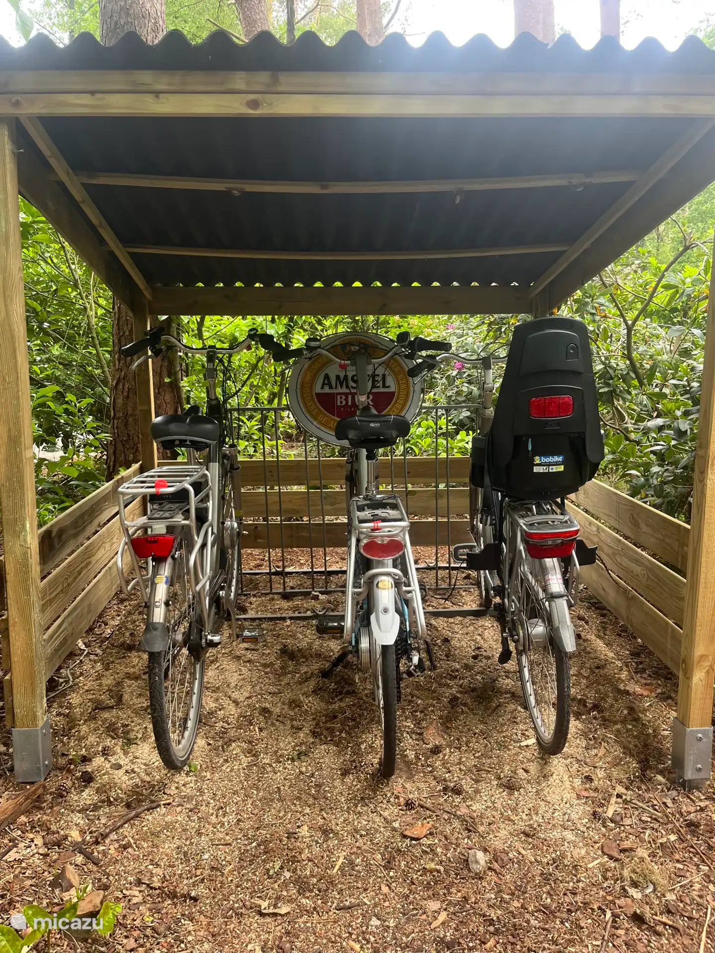 Er staan 3 damesfietsen, waarvan 2 een kinderzitje (kunnen) hebben. Oorspronkelijk elektrisch maar functioneren als gewoon. Op eigen risico te gebruiken, is incl. de huur. Voor sportievere en kinder f