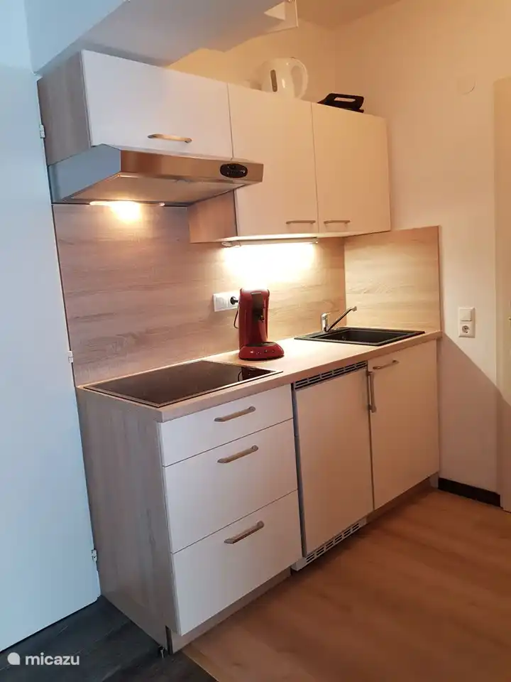 Moderna cocina con vitrocerámica de 4 fuegos, campana extractora, frigorífico/congelador y microondas